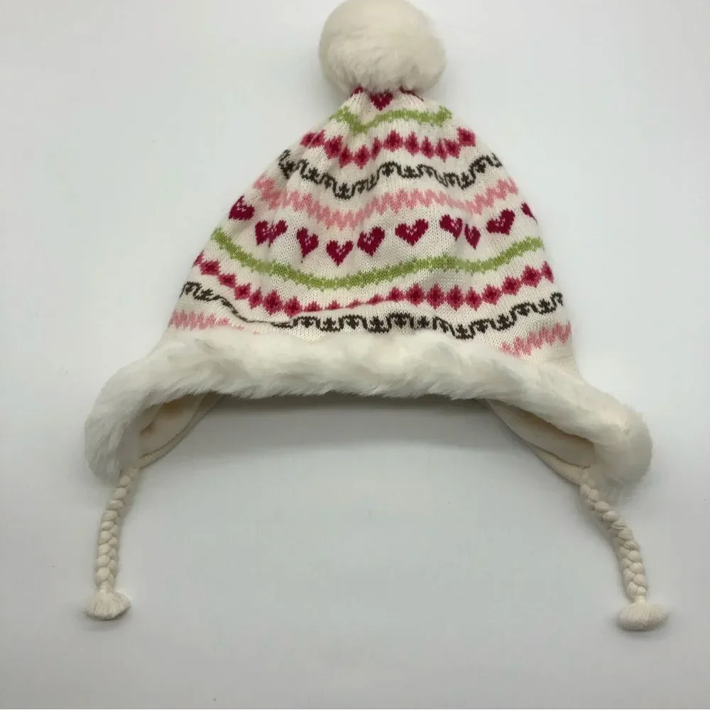 Janie & Jack Braid Knit Beanie Baby Girl 6-12 Mos Fleece‎ Lined Heart Multicolor